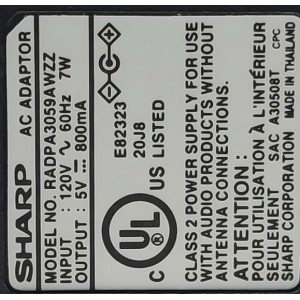 ADAPTADOR AC / NUMERO DE PARTE 48-9-850 / AC-5 / INPUT: 120V AC 60HZ 17W / OUTPUT: 9V DC 850mA	